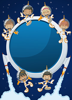 卡通儿童太空宇宙科技蓝色圆形边框背景矢量素材
