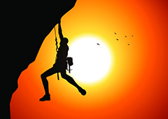 悬挂在悬崖绝壁上的攀岩运动员矢量素材