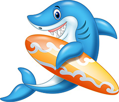 拿着冲浪板的蓝色鲨鱼卡通矢量素材