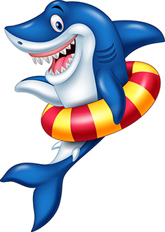 戴着游泳圈的蓝色大鲨鱼卡通矢量素材