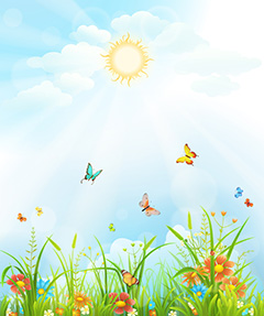 开满鲜花的草地和飞舞的蝴蝶卡通背景矢量素材