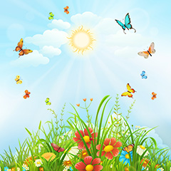 阳光下的盛放的鲜花和飞舞的蝴蝶矢量素材