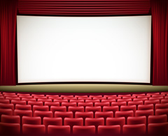电影院大荧幕和排列整齐的红色座椅矢量素材