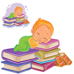 趴在书堆上睡觉的小宝宝矢量素材