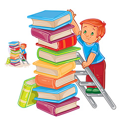 站在梯子上拿书的小男孩矢量素材