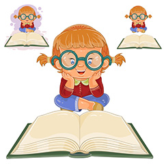 戴着眼镜坐在地上看书的小女孩矢量素材