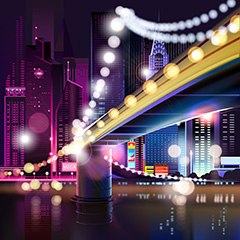 城市高楼大厦和高架桥上闪烁的霓虹