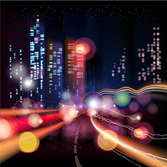 城市高楼大厦和公路上闪烁的霓虹灯矢量素材