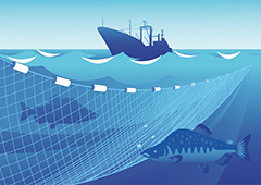 在海洋上航行的船只和海底的渔网矢量素材
