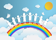 站在彩虹上的孩子们卡通剪贴画矢量素材