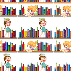 书架上看书学习的女孩和整齐的书本矢量素材