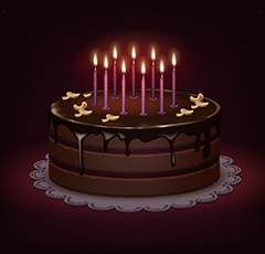 巧克力生日蛋糕上燃烧的蜡烛矢量素材