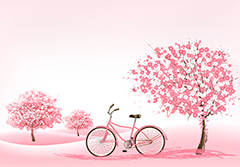 浪漫粉色主题树木自行车矢量素材