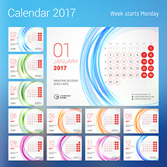 彩色曲线2017年日历设计矢量素材