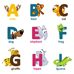 创意卡通动物英文首字母幼儿学英语矢量素材