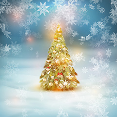 梦幻雪花背景亮着彩灯的圣诞树矢量