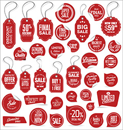 超多款红色卷角商场打折标签标贴矢量素材