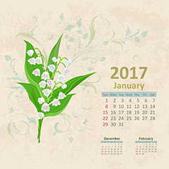 复古手绘花朵图案2017年月历矢量素材（一）