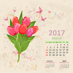 复古手绘花朵图案2017年月历矢量素材（三）