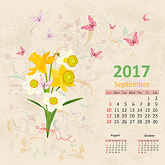 复古手绘花朵图案2017年月历矢量素材（九）
