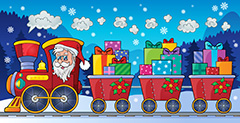 卡通风格的圣诞老人用火车拉礼物的矢量素材