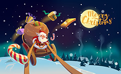 圣诞老人在月亮下乘坐雪橇的图案矢量素材