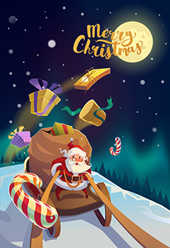圣诞老人在夜晚驾着雪橇送礼物的图案矢量素材