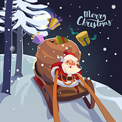 圣诞老人夜晚在丛林中乘坐雪橇的图案矢量素材