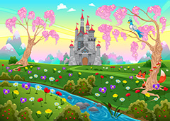 卡通城堡与小溪风景插画矢量素材