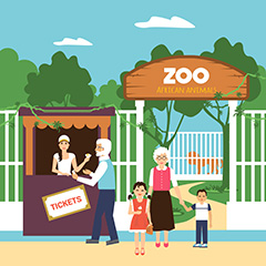 带着孩子逛动物园的卡通人物矢量素材