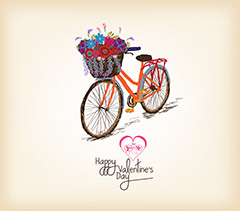单车的篮子里装满的鲜花手绘艺术矢量素材