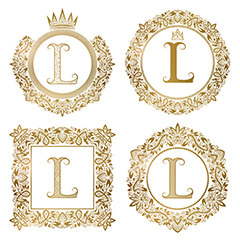 字母L金色欧式花纹边框矢量素材