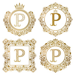 字母P金色欧式奢华花纹边框矢量素材