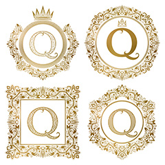 字母Q金色欧式奢华花纹边框矢量素材