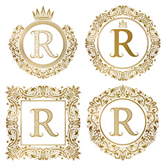 字母R金色欧式奢华花纹边框矢量素材