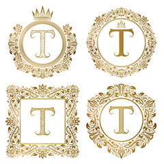 字母T金色欧式复古奢华花纹边框矢量素材
