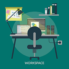 绿色圆形背景上的工作台和电脑矢量素材