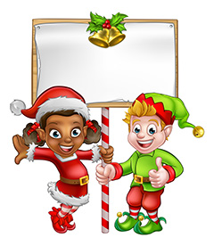 两个穿着圣诞服举着牌子的儿童矢量素材
