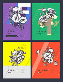 四款彩色手绘花朵海报模板矢量素材