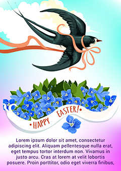 蓝色花朵燕子复活节海报矢量素材