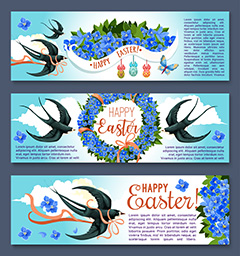 三款蓝色花朵燕子元素复活节海报模板矢量素材