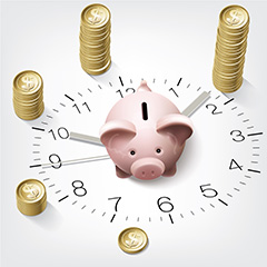 时钟中间的小猪存钱罐和周围叠放的金币矢量素材