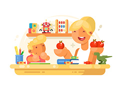 写作业的孩子和拿着水果的妈妈卡通
