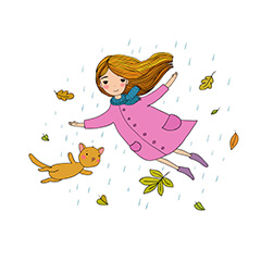 在风雨中飞舞的小女孩和树叶矢量素材