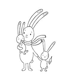 兔妈妈和两只小兔子线描卡通矢量素材
