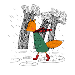 在下大雨的树林里行走的狐狸卡通矢量素材