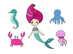卡通美人鱼和海洋动物手绘矢量素材