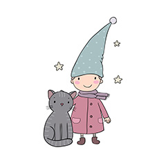 戴帽子的小男孩和小猫卡通绘画矢量素材