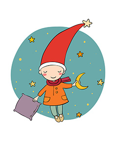 戴着红色帽子拿着月亮的小孩卡通绘
