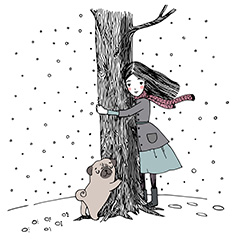 抱着大树的小女孩和小狗手绘矢量素材